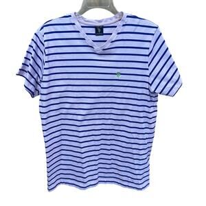 U.S. Polo Assn Mens T-Shirt L Short Sleeve V-Neck Pink W/Blue Stripes Casual Tee